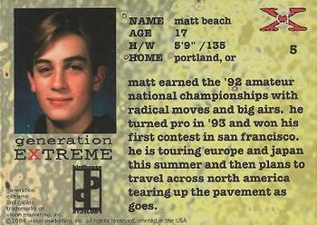 1994 Vision Generation Extreme #5 Matt Beach Back
